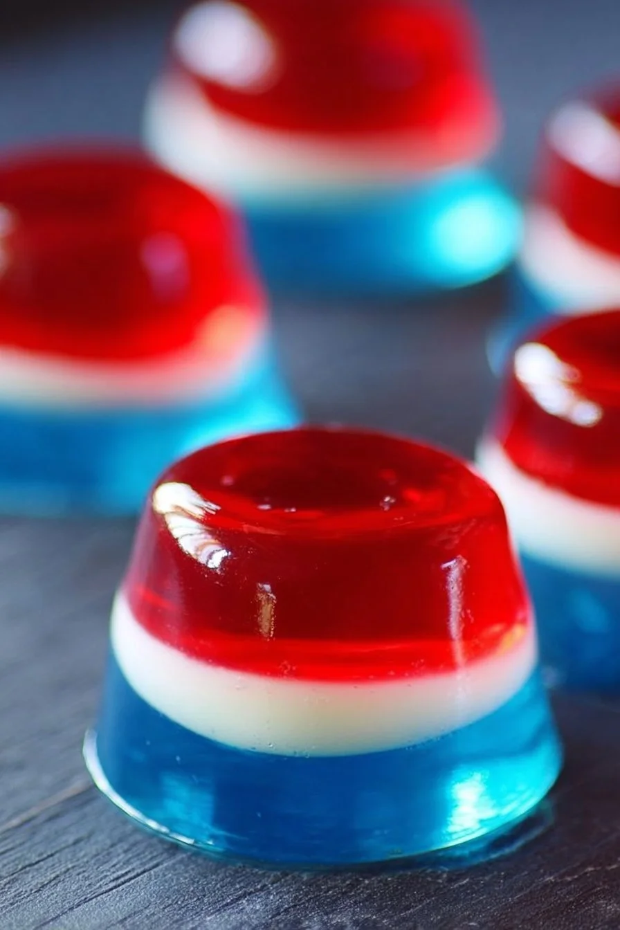 Patriotic Red White & Blue Jello Shots ready for a festive celebration.