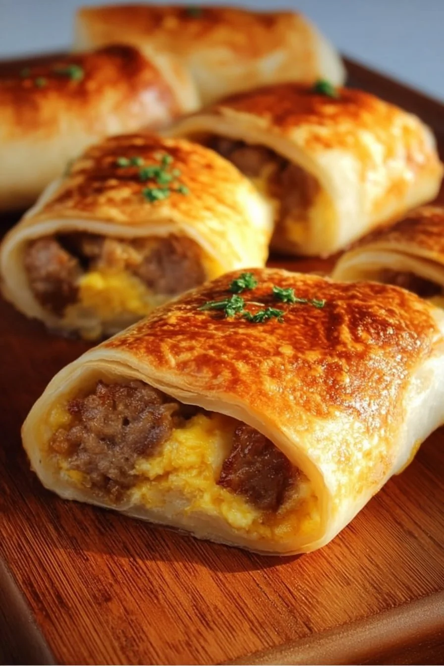 Sausage egg and cheese breakfast roll-ups on a plate