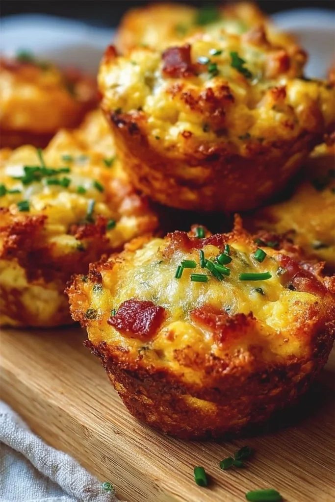 Savory breakfast muffins with herbs and cheese on a wooden table