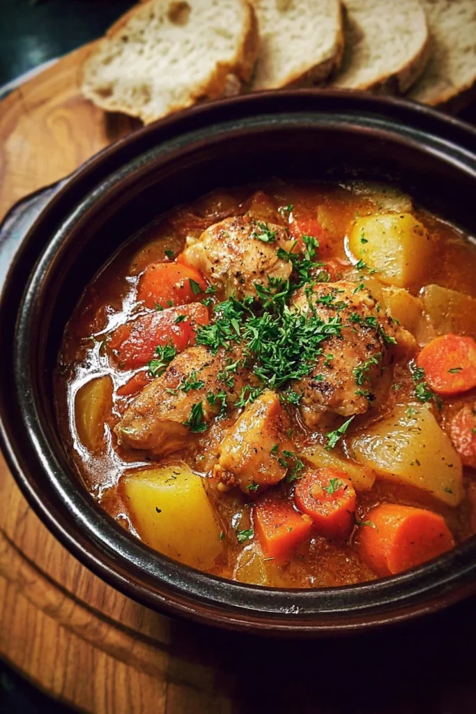 Delicious bowl of simple cozy chicken stew with vegetables.