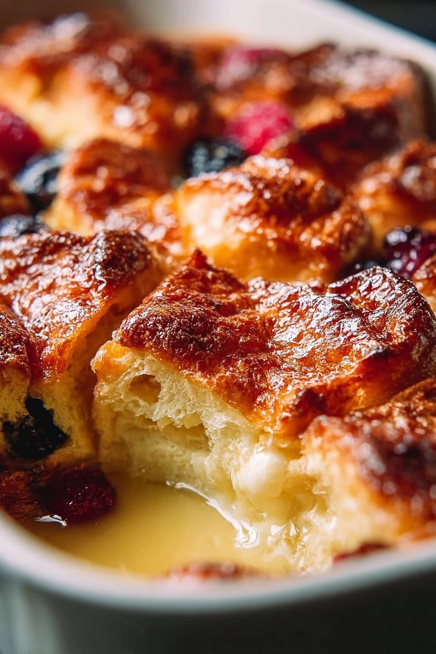 Delicious sweet croissant casserole served in a baking dish