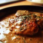 Skillet Chicken and Gravy served in a dish, showcasing tender chicken and rich gravy.