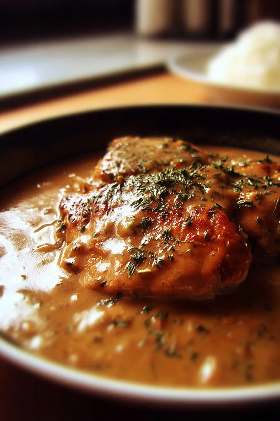 Skillet Chicken and Gravy served in a dish, showcasing tender chicken and rich gravy.