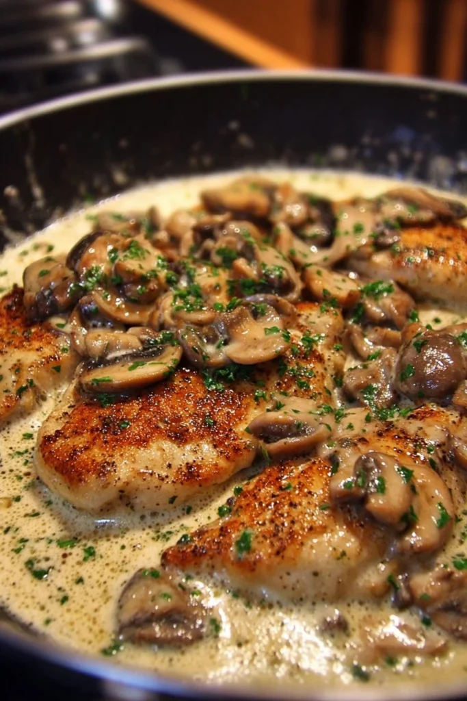 Skillet chicken with mushrooms in a rich cream sauce served in a pan