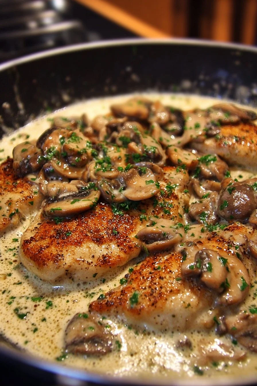 Skillet chicken with mushrooms in a rich cream sauce served in a pan
