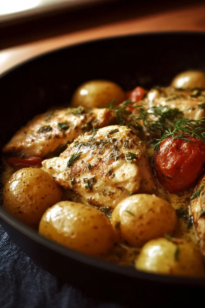 Skillet-style ranch chicken with baby potatoes in a cast-iron skillet