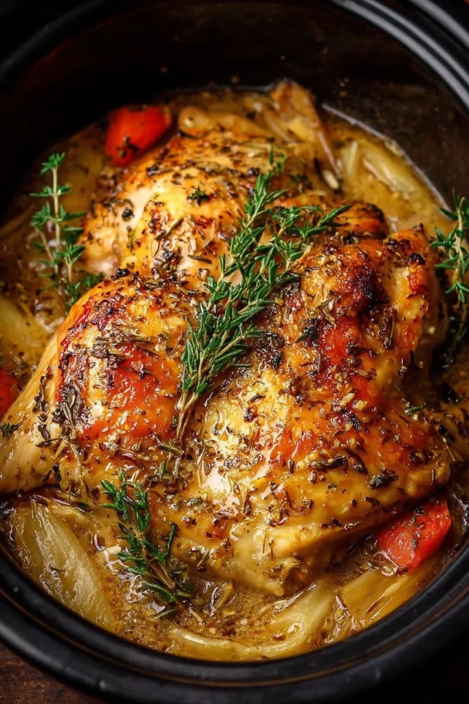 Slow Cooker Angel Chicken served with creamy sauce and herbs