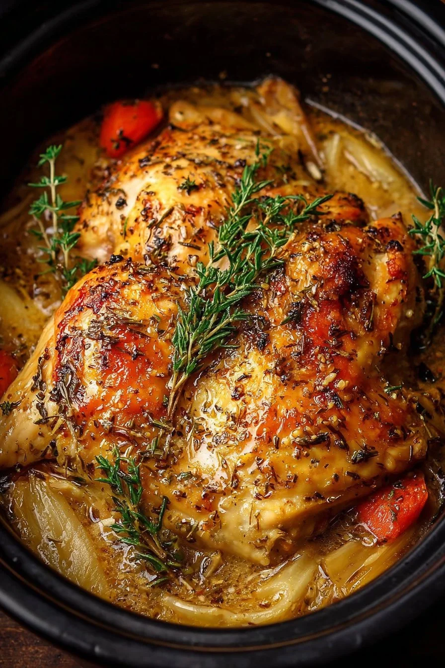 Slow Cooker Angel Chicken served with creamy sauce and herbs