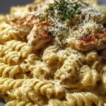 Slow-cooker creamy garlic parmesan chicken pasta served in a bowl