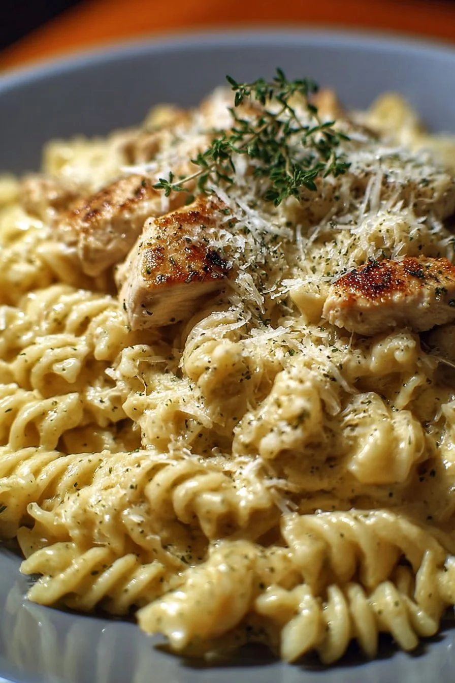 Slow-cooker creamy garlic parmesan chicken pasta served in a bowl