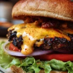 Delicious smoky Cajun cheese burgers served on a wooden board
