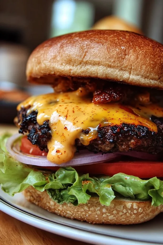Delicious smoky Cajun cheese burgers served on a wooden board