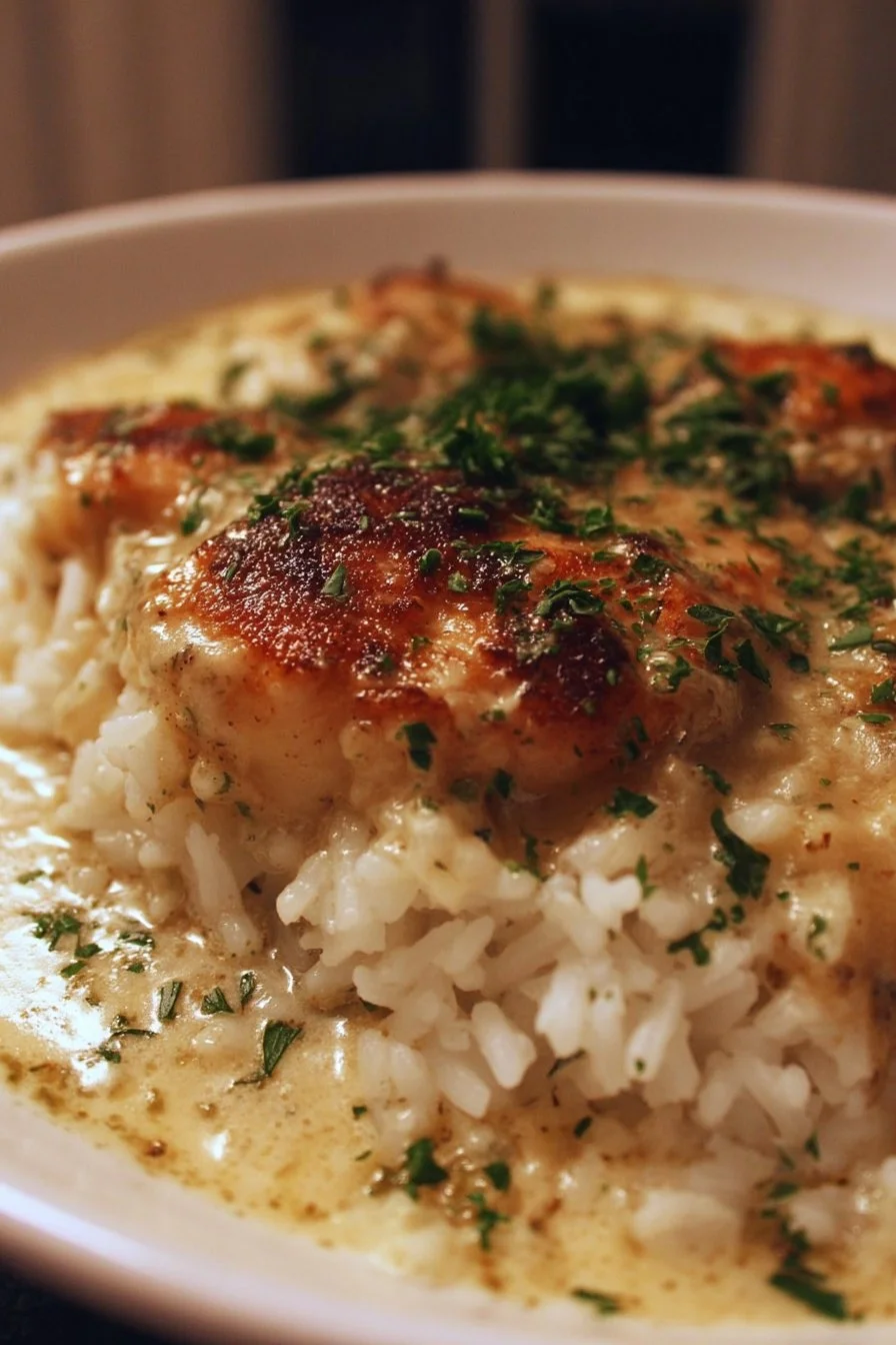 Delicious smothered chicken and rice bake served in a casserole dish