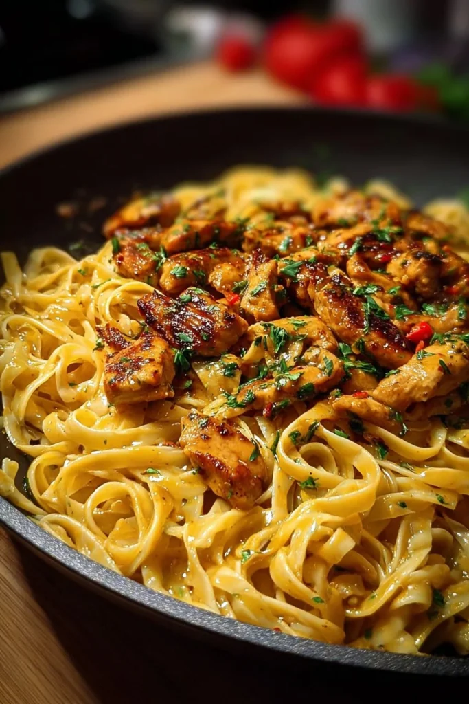 Bowl of Spicy Cajun Honey Butter Chicken Pasta with herbs and spices