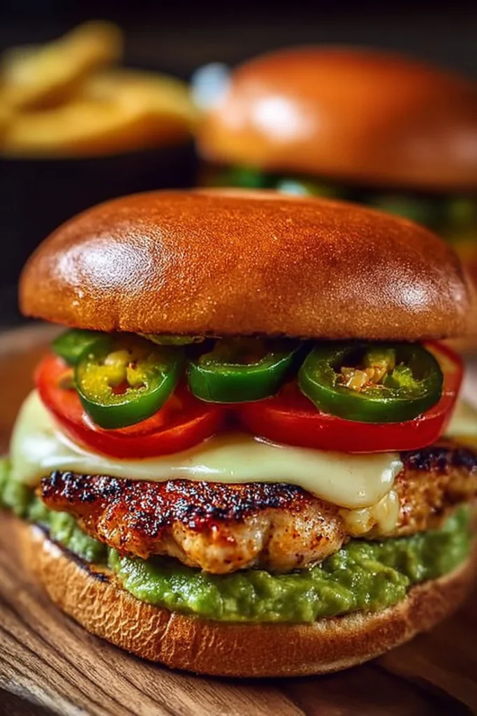 Spicy jalapeño chicken burger with pepper jack cheese on a bun