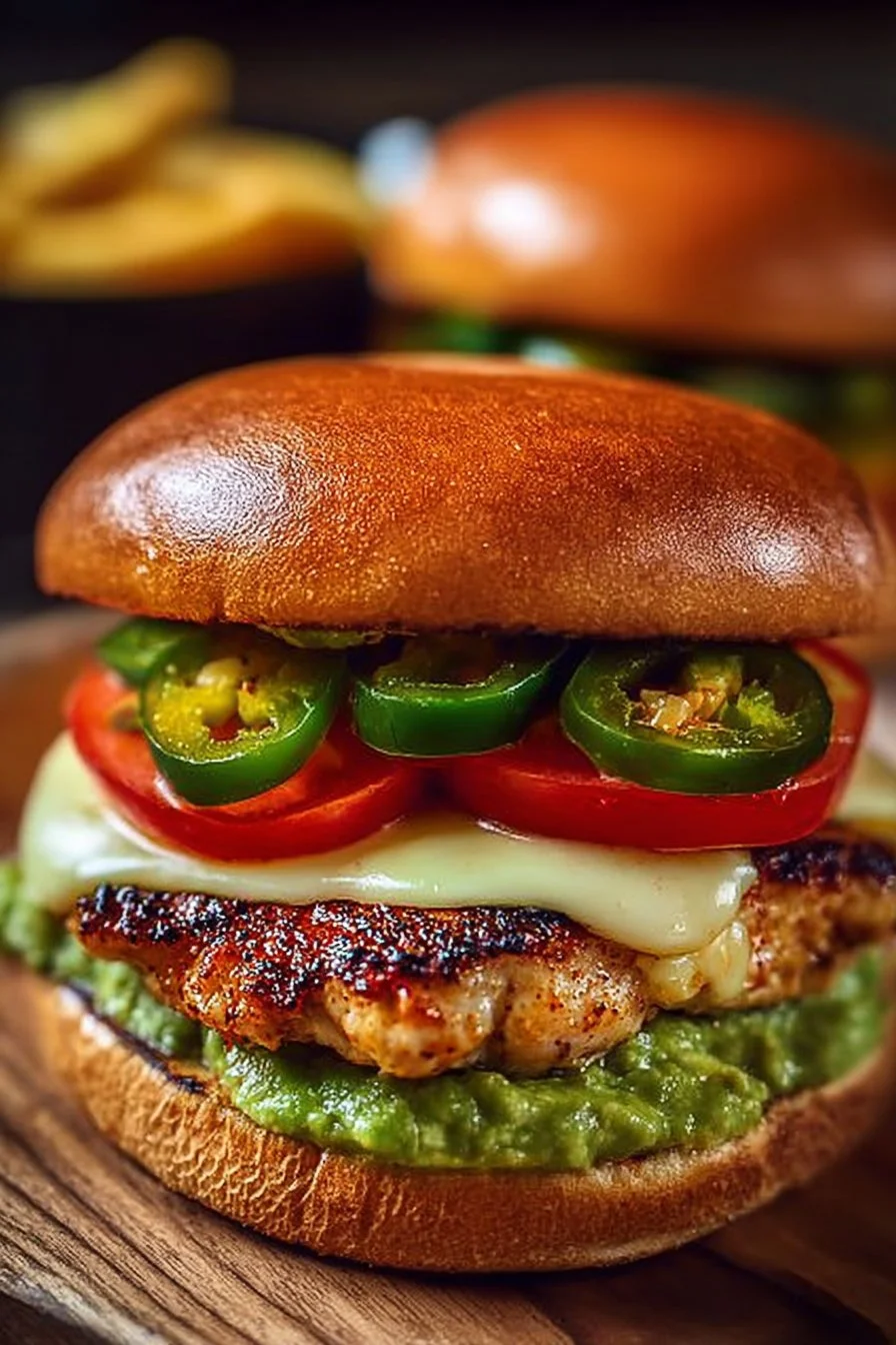Spicy jalapeño chicken burger with pepper jack cheese on a bun