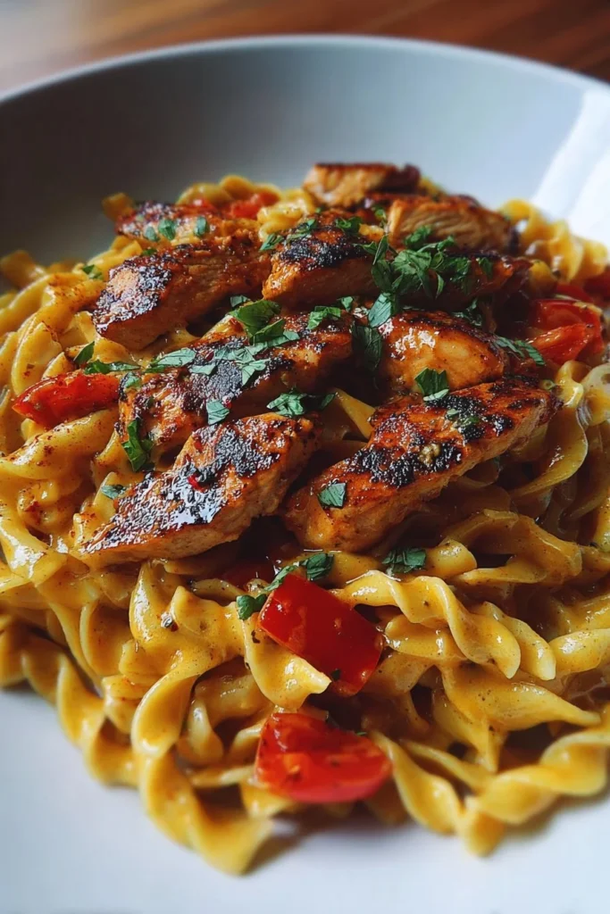 A plate of Spicy-Sweet Cajun Chicken Pasta with colorful vegetables and herbs