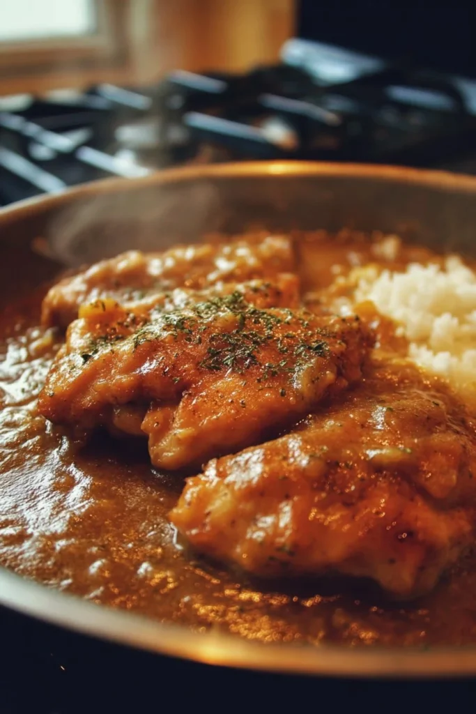 Delicious stovetop chicken served with creamy gravy in a skillet.