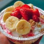 Delicious strawberry banana pudding topped with fresh fruit