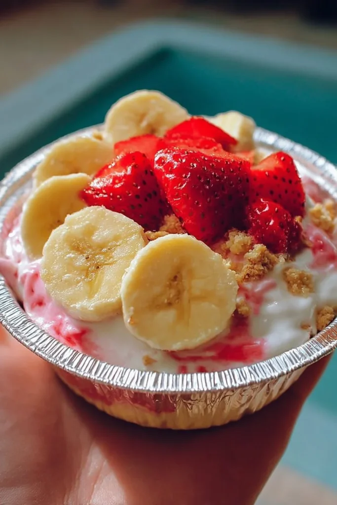 Delicious strawberry banana pudding topped with fresh fruit