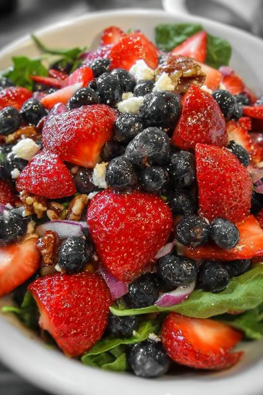 A colorful Strawberry Blueberry Salad with fresh fruits and greens