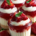 Delicious strawberry cheesecake cups topped with fresh strawberries.