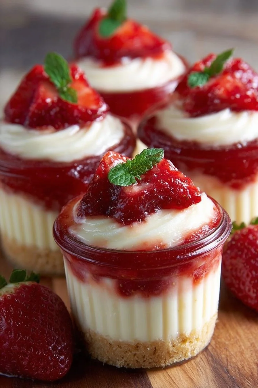 Delicious strawberry cheesecake cups topped with fresh strawberries.