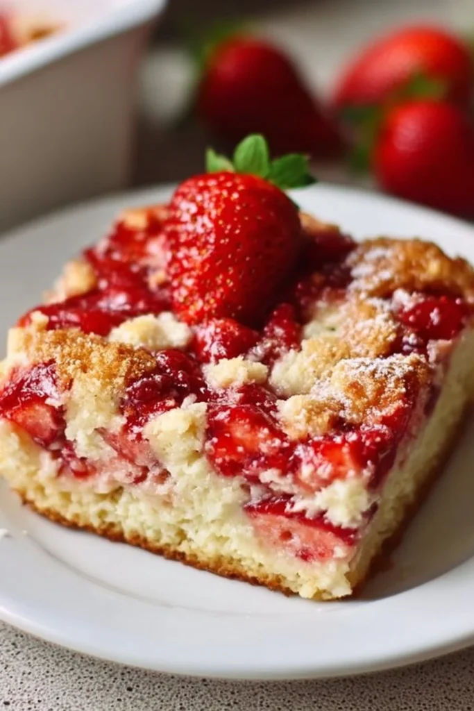 Delicious Strawberry Cheesecake Dump Cake topped with fresh strawberries