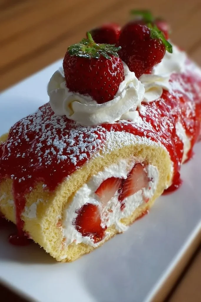 Strawberry Cheesecake Roll Cake with fresh strawberries and creamy filling