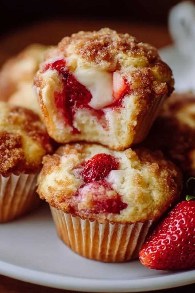 Freshly baked Strawberry Cream Cheese Muffins with vibrant strawberry pieces