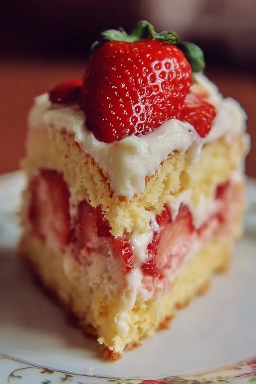 Delicious Strawberry Custard Cake topped with fresh strawberries and creamy custard