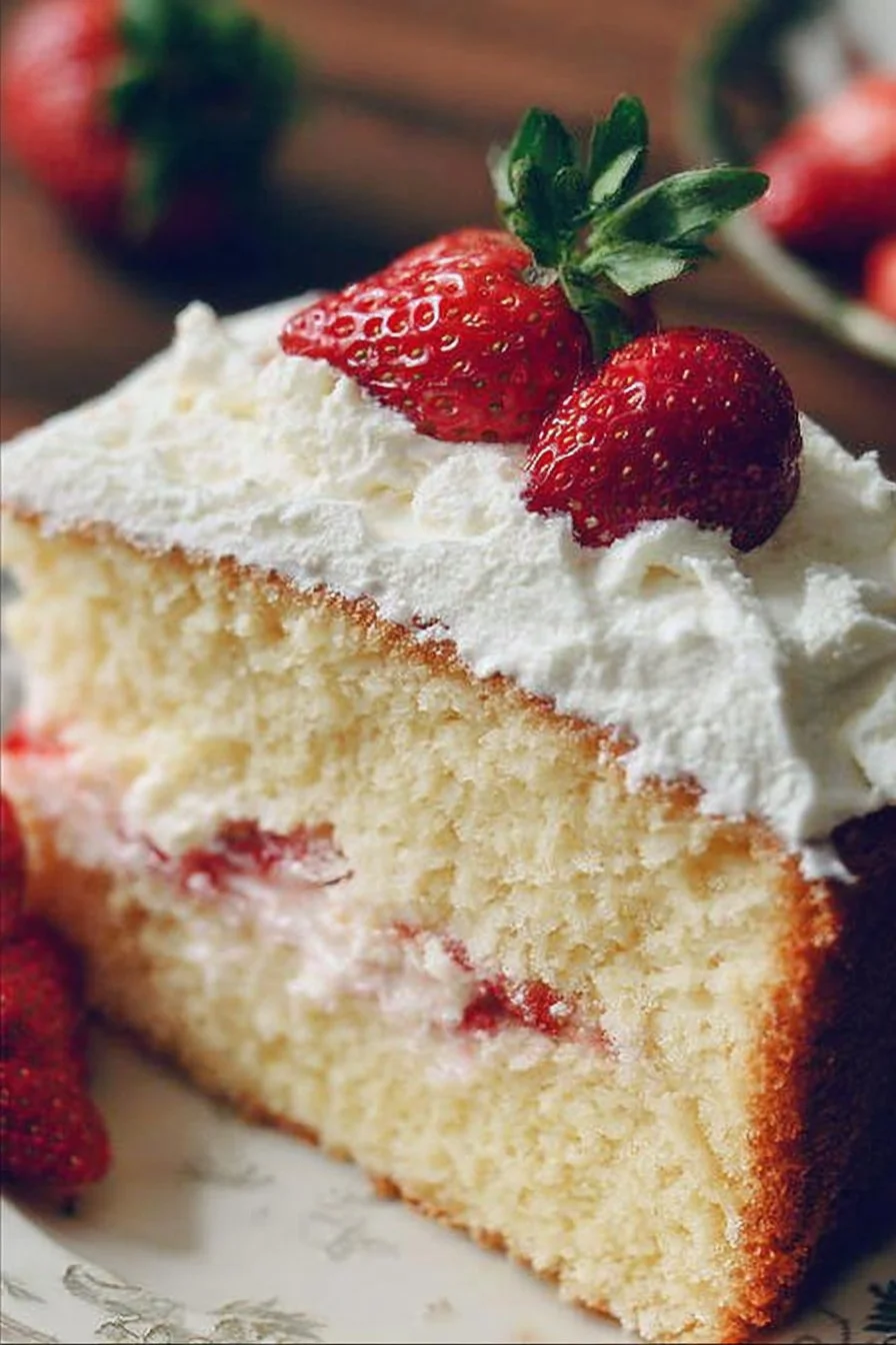 Slice of Strawberry Cream Pound Cake with fresh strawberries on top.