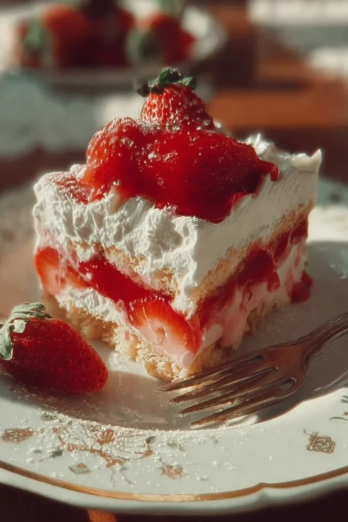 Delicious layered Strawberry Lasagna with fresh strawberries and creamy filling