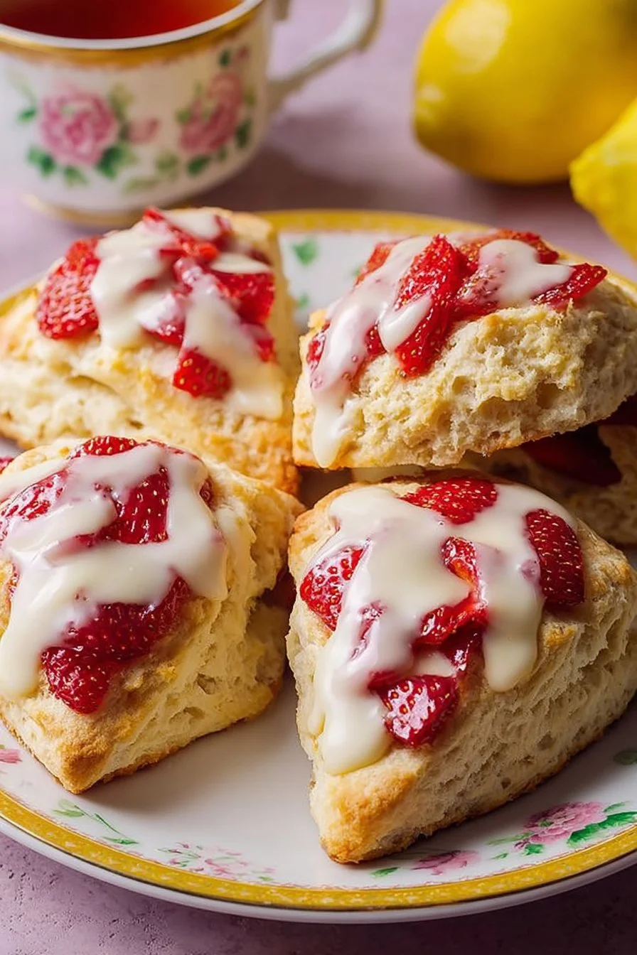 Delicious strawberry lemon cream scones on a plate with fresh strawberries.