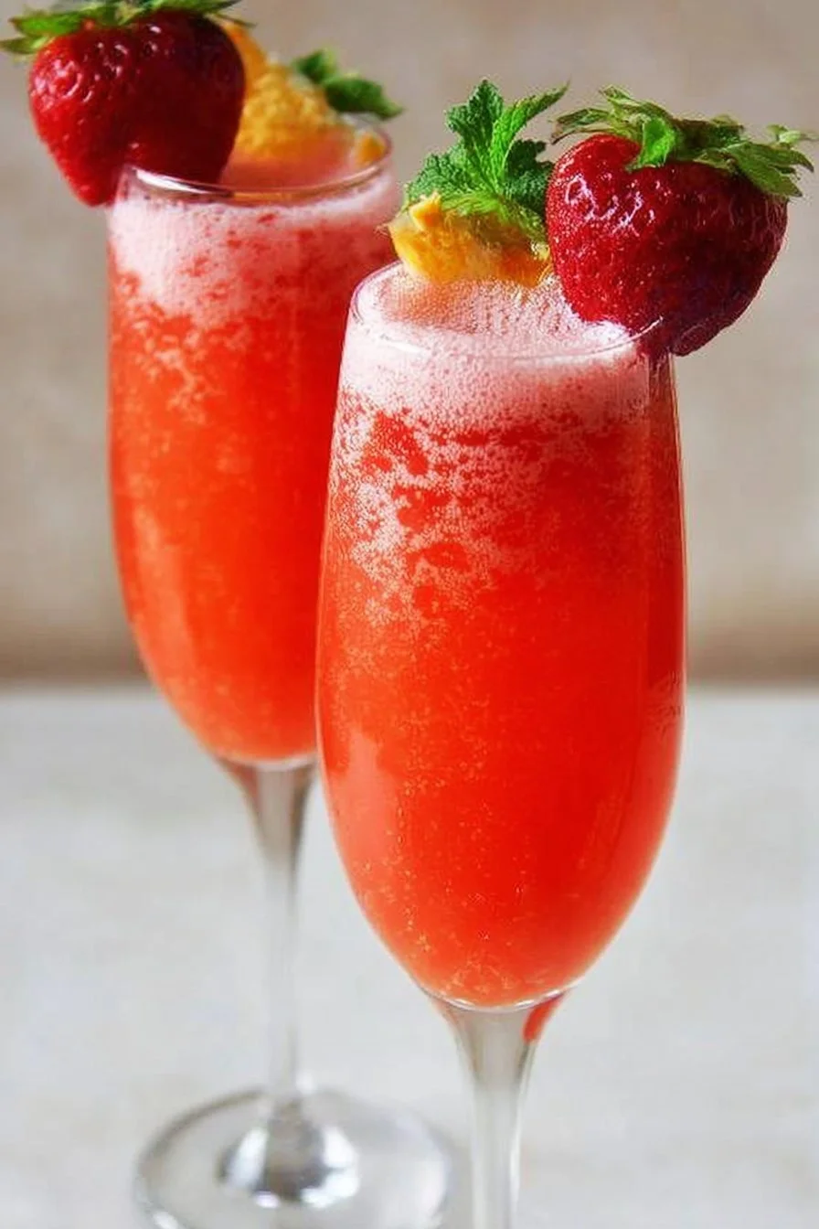 Strawberry Mimosa Mocktail with fresh strawberries and sparkling beverage