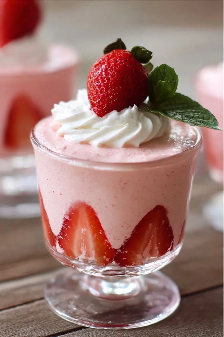 Delicious strawberry mousse in a dessert bowl garnished with fresh strawberries
