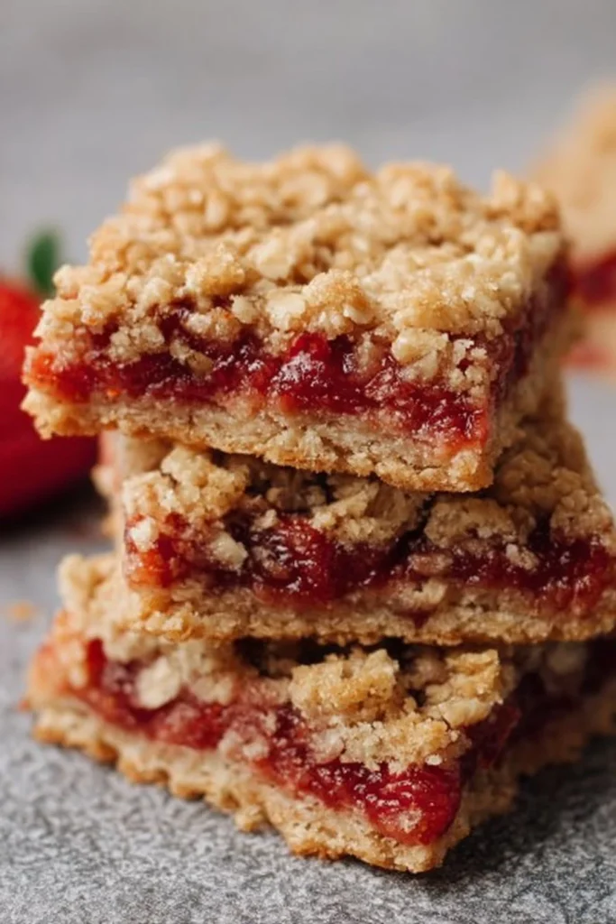 Homemade strawberry oatmeal bars with fresh strawberries and oats