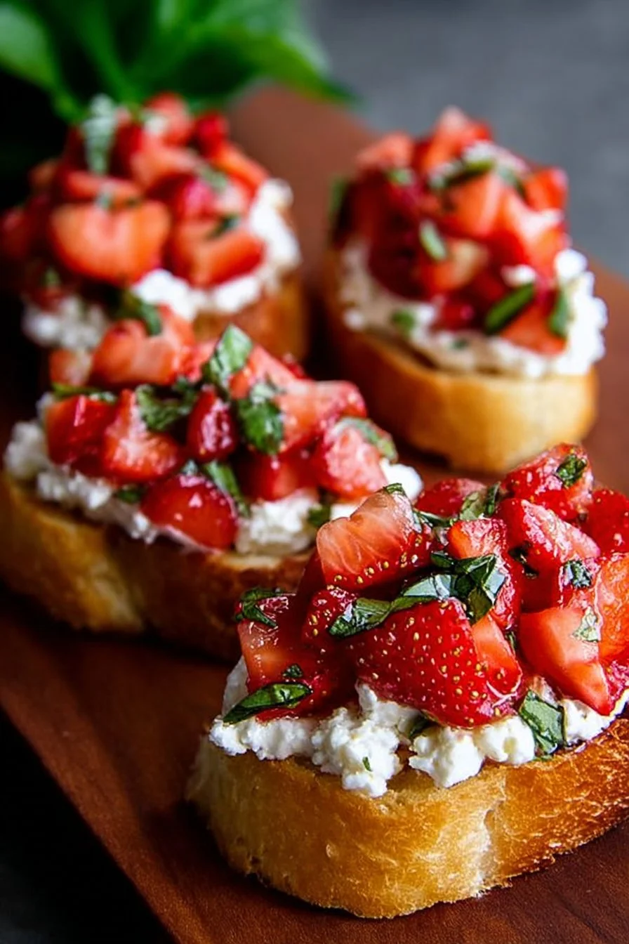 Delicious strawberry ricotta bruschetta topped with fresh strawberries on toasted bread