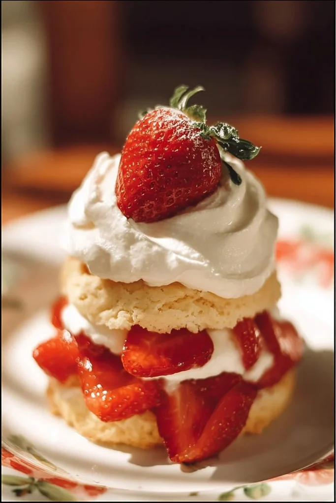 Delicious homemade Strawberry Shortcake topped with fresh strawberries and whipped cream.