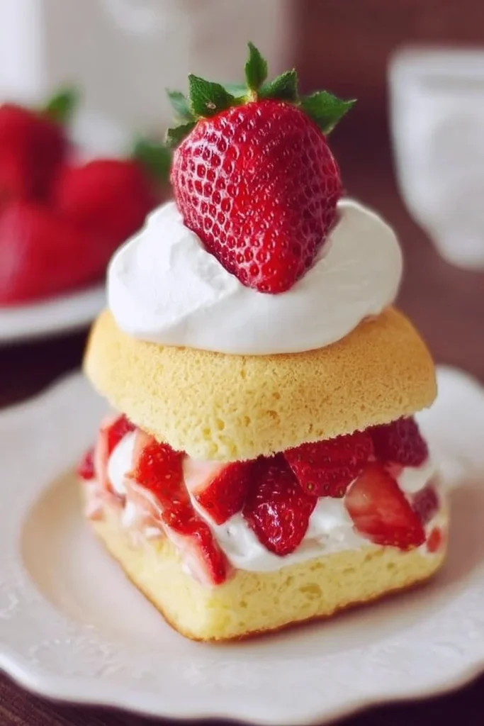 Delicious strawberry shortcake topped with fresh strawberries and whipped cream.