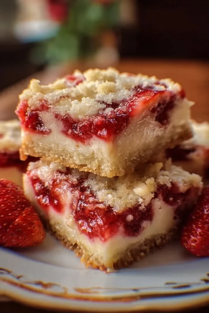 Delicious homemade Strawberry Shortcake Bars topped with fresh strawberries