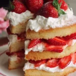 Delicious strawberry shortcake cake with layers of strawberries and whipped cream