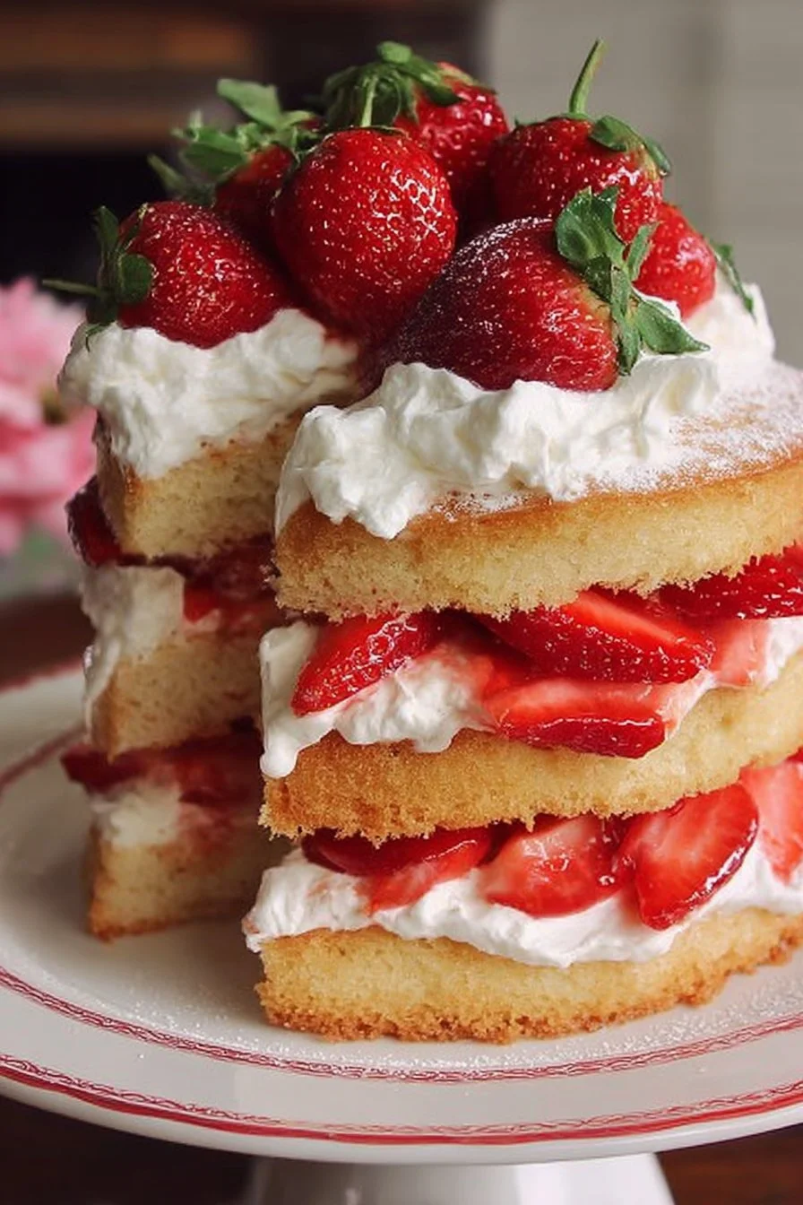 Delicious strawberry shortcake cake with layers of strawberries and whipped cream