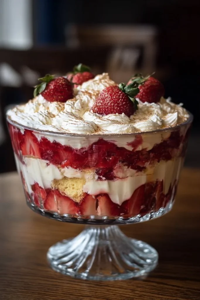 Delicious Strawberry Shortcake Trifle with layers of strawberries and cream