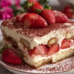 A slice of homemade Strawberry Tiramisu topped with fresh strawberries.