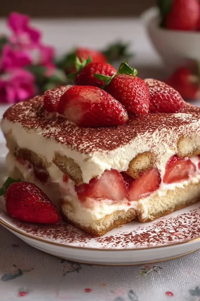 A slice of homemade Strawberry Tiramisu topped with fresh strawberries.