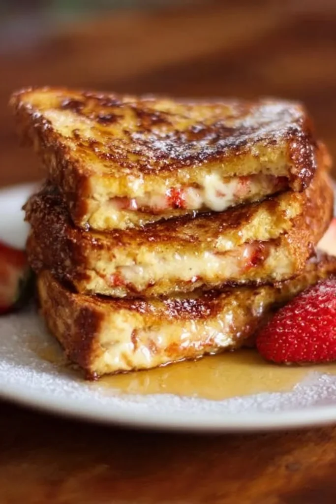 Delicious Stuffed French Toast topped with syrup and berries on a plate