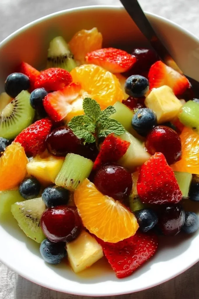 A colorful bowl of fresh fruit salad with various sliced fruits.