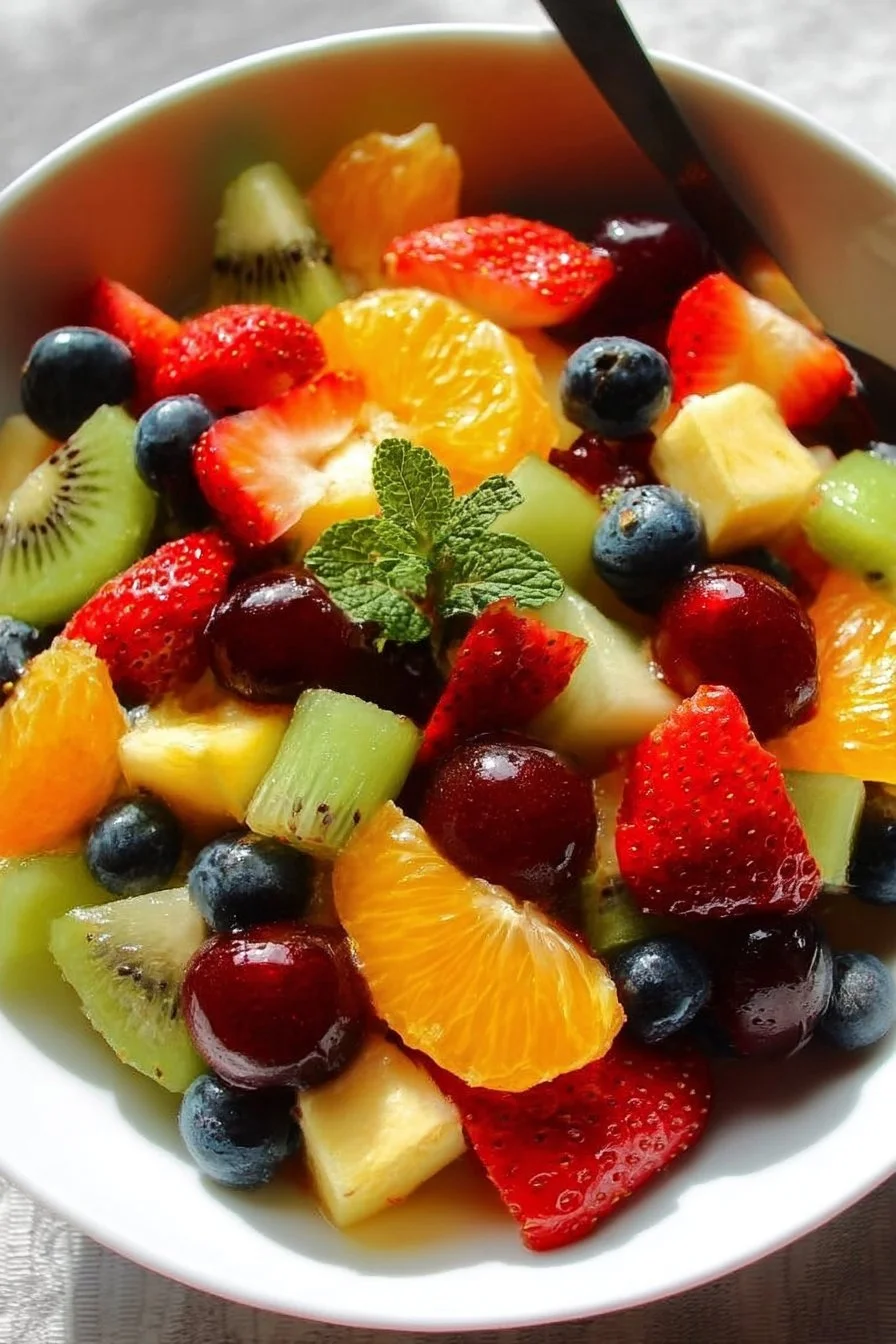 A colorful bowl of fresh fruit salad with various sliced fruits.