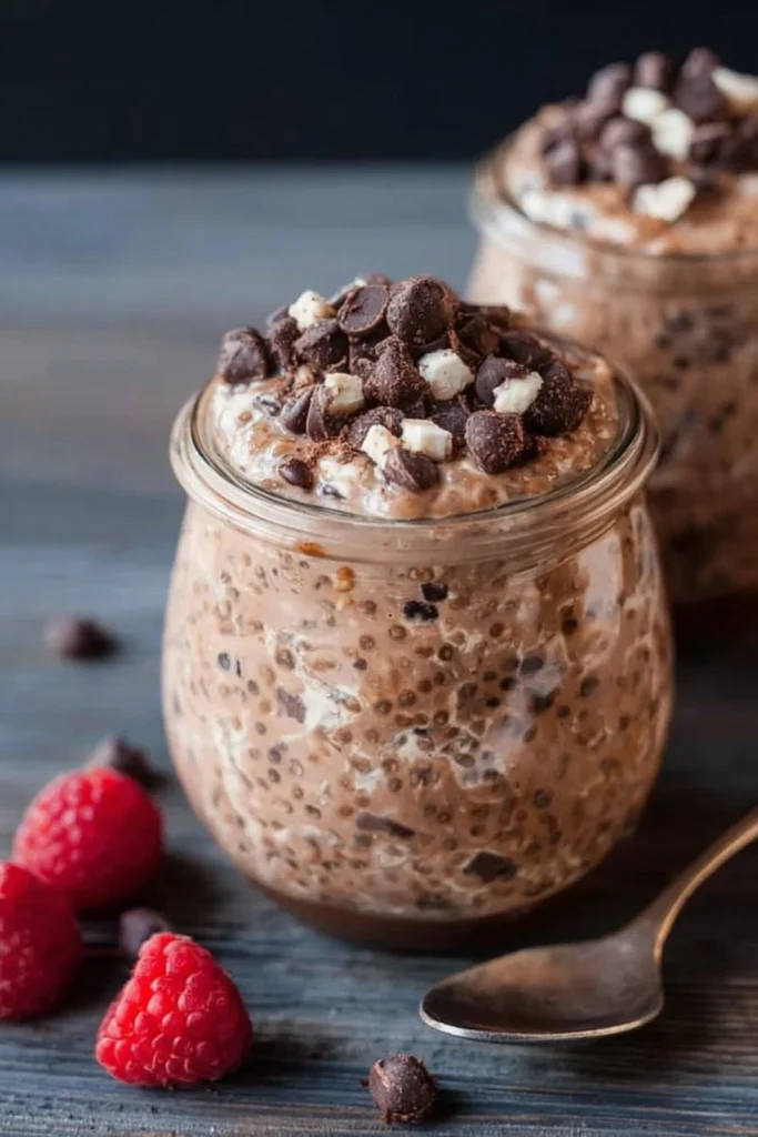 Bowl of Triple Chocolate Overnight Oats topped with chocolate chips and strawberries.